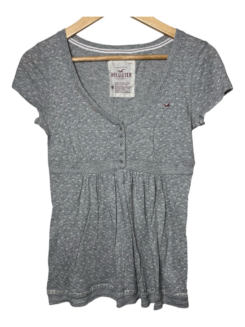 2000s Hollister Womens Y2K Babydoll Polka Stars Top Small Gray White Bella FLAW